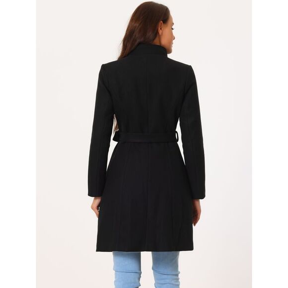 Single Breasted Peacoat Fashion Winter Belted Outwear Black - Picture 4 of 6
